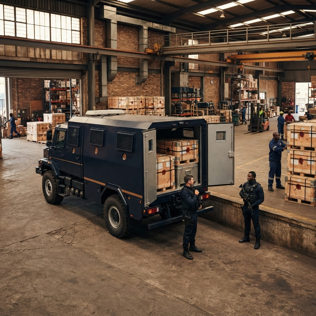 Armoured truck preparing secure mineral cargo for transport